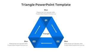 3D triangular process diagram in blue shades, featuring numbered segments, white arrows indicating flow, and caption areas.