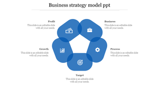 Pentagon business strategy diagram with five blue rounded segments, each featuring an icon and a label around the shape.