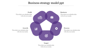 Business strategy PPT model slide with purple icons representing profit, business, growth, target, and process with text.