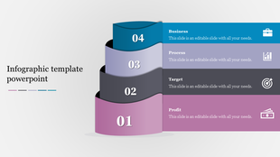 Colorful layered infographic template showcasing steps for business, process, target, and profit with icons.