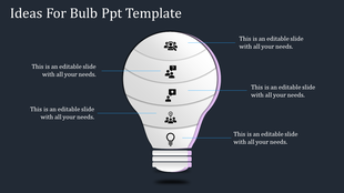 Five layered white bulb graphic on a dark background with icons and text pointing to each segment, representing ideas.