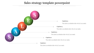 Sales strategy slide featuring five colorful spheres arranged diagonally, each labeled with a letter, connected to captions.