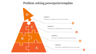 Stepwise problem solving infographic with a four-piece orange puzzle pyramid, labeled A to D, and captions areas.