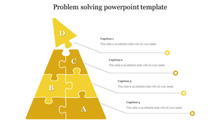 Problem solving pyramid infographic with four labeled puzzle pieces representing steps A, B, C, and D with captions.