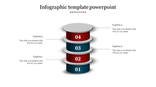 Infographic slide with four stacked circular blocks in red and blue, labeled 01 to 04, each paired with a caption below.