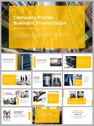 A comprehensive yellow and white About Us PowerPoint template showcasing company profile slides with a modern layout.