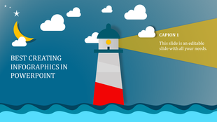 Nighttime lighthouse infographic design with a yellow light beam, crescent moon, stars, clouds, and ocean waves.