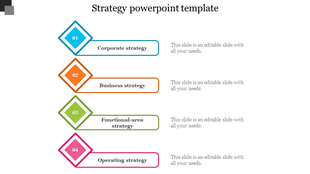 Strategy PowerPoint template with four diamond shaped icons for different strategies.