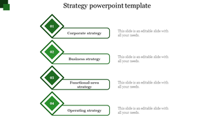 Green four step strategy infographic with diamond shaped numbered markers and horizontal banners labeled.