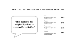 PowerPoint slide with a quote in a speech bubble and sections for Idea, Finance, Perseverance, and Success with text area.