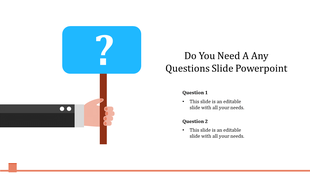 Illustration of a hand raising a blue question mark sign with space for two placeholder questions.