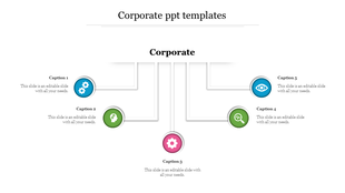 Corporate PPT slide with colored icons representing settings, vision, intelligence, and analysis with captions.