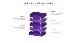 Best infographic slide design featuring five purple blocks stacked with silver supports, each section labeled for captions.