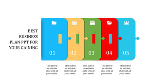 Five interconnected puzzle pieces with distinct icons, colors, and captions representing business process steps.