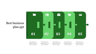 Horizontal business plan infographic with five interlocking green puzzle pieces, each displaying a number and an icon.