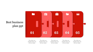 Horizontal business plan infographic with five interlocking red puzzle pieces, each displaying a number and an icon.