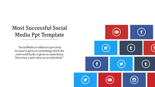 Social media slide with text on the left and a stacked arrangement of colored blocks displaying various platform icons.
