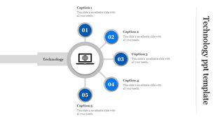 Technology-themed slide with a laptop icon at the center, surrounded by five numbered circles for captions.