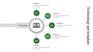Technology PowerPoint template with a central laptop icon connected to five numbered captions with text area.