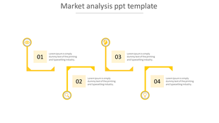 Market analysis diagram showcasing four steps in a yellow-themed timeline, each with unique icons and descriptions.