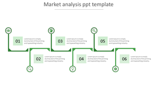 Green market analysis infographic with six steps connected by a zigzag path, each step featuring an icon and a text box.