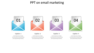 Slide with four colorful envelopes in blue, orange, purple, and green, each with numbered pages and captions below.