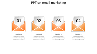 Illustration of email marketing with four open orange envelopes, each containing a numbered document, with caption areas.