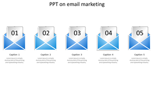 PPT email marketing template with five envelopes, each containing a numbered document, arranged from 1 to 5.