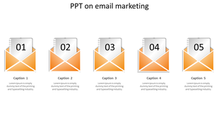 Illustration of email marketing featuring five open orange envelope, each containing a numbered document, with caption areas.