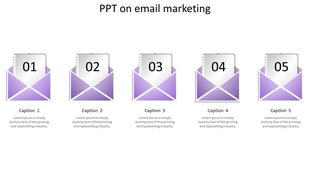 Five purple envelopes with numbered papers inside, representing steps in an email marketing process.