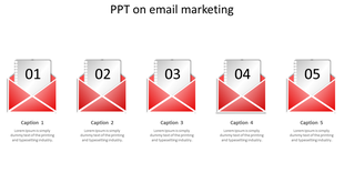 Email marketing template with five envelopes, each numbered, and spaces for captions areas.