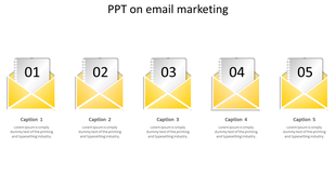 Email marketing PowerPoint template with five yellow envelopes and numbered captions.