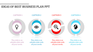 Slide with four circular infographic elements, each with a unique icon and caption in pastel and bold colors.