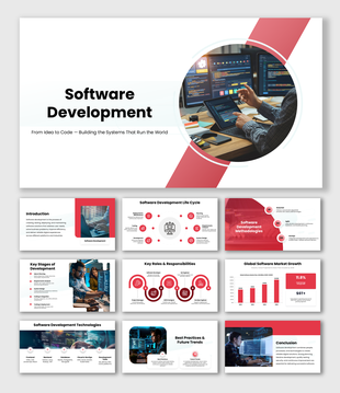 Software development with coding visuals, red accents, white text holders, charts, icons, and rounded shapes.