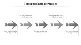 Five gray arrows labeled as targets, arranged in a staggered sequence with captions below.