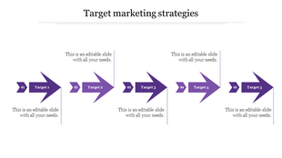 Stepwise purple arrow diagram for target marketing strategies, numbered from 01 to 05 with captions.