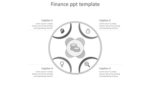 Grayscale finance template with a circular infographic, featuring four curved sections, and a central coin icon.