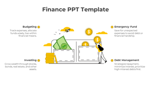 PowerPoint slide with four sections on finance from budgeting to debt management with money icons.