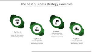 Business strategy PowerPoint template with four green icons representing different stages and numbered captions.