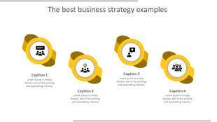 Four circular yellow elements with black icons arranged horizontally, each linked to captions describing business strategy.