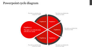 Cycle diagram featuring six red sections arranged in a circular shape with arrows, each labeled with captions areas.