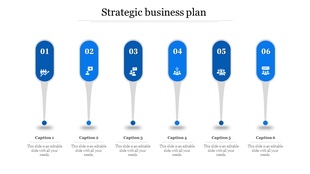 Business strategy infographic with six blue elongated markers, numbered 01 to 06, each with an icon and captions below.