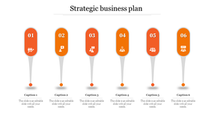 Modern infographic with six orange teardrop shaped elements in a row, each numbered and featuring white icons.