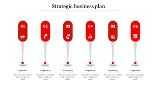 Strategic business plan slide with red milestones and icons, showing steps with captions and placeholder text.