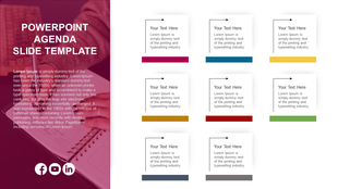 Slide with a purple sidebar featuring white text, and eight square blocks with arrows and colored bases on the right.