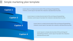 Simple marketing plan PPT slide featuring four blue sections with captions and placeholder text.
