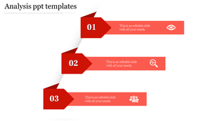 Three step red analysis diagram with numbered arrow labels on the left, each connected to a horizontal text box with icons.