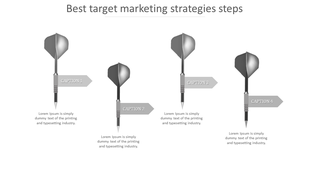 Four grayscale darts aligned in a row, each labeled with a caption tag, representing target marketing strategy steps.