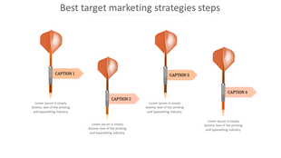 Sequence of four orange darts with captioned labels, symbolizing stages in target marketing strategies.