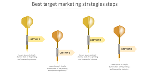 Four yellow darts pointing downward with labels, illustrating steps in a marketing strategy process.